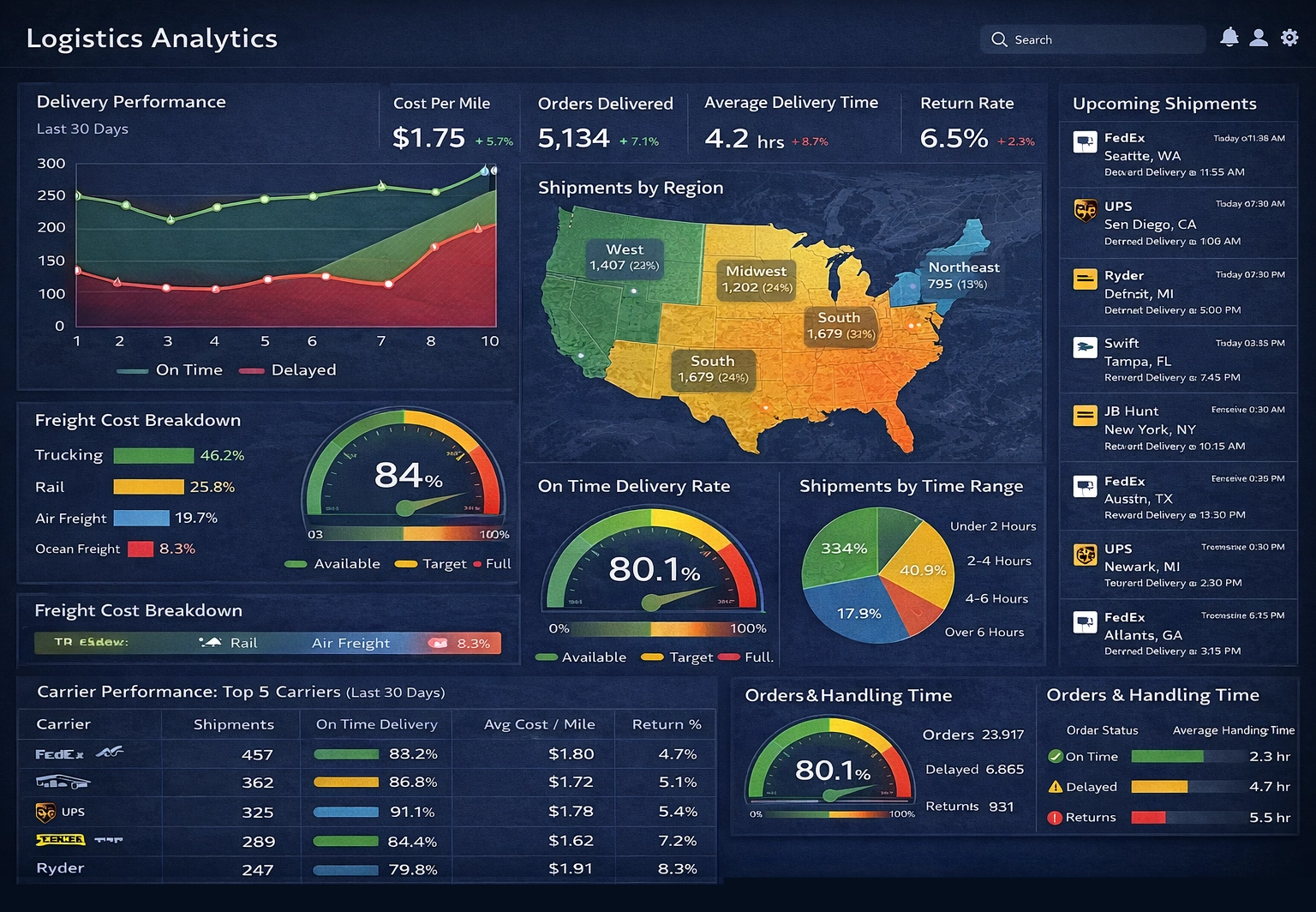 Panel de analítica logística mostrando KPIs de rendimiento de entrega y optimización de rutas SaaS